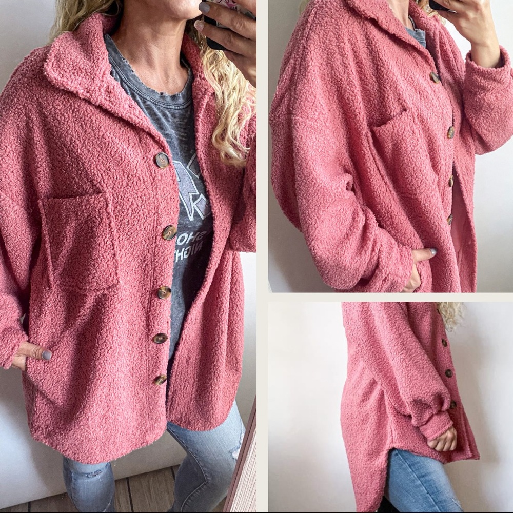 Last One! KEATON • BUTTON DOWN SHERPA SHACKET Pink